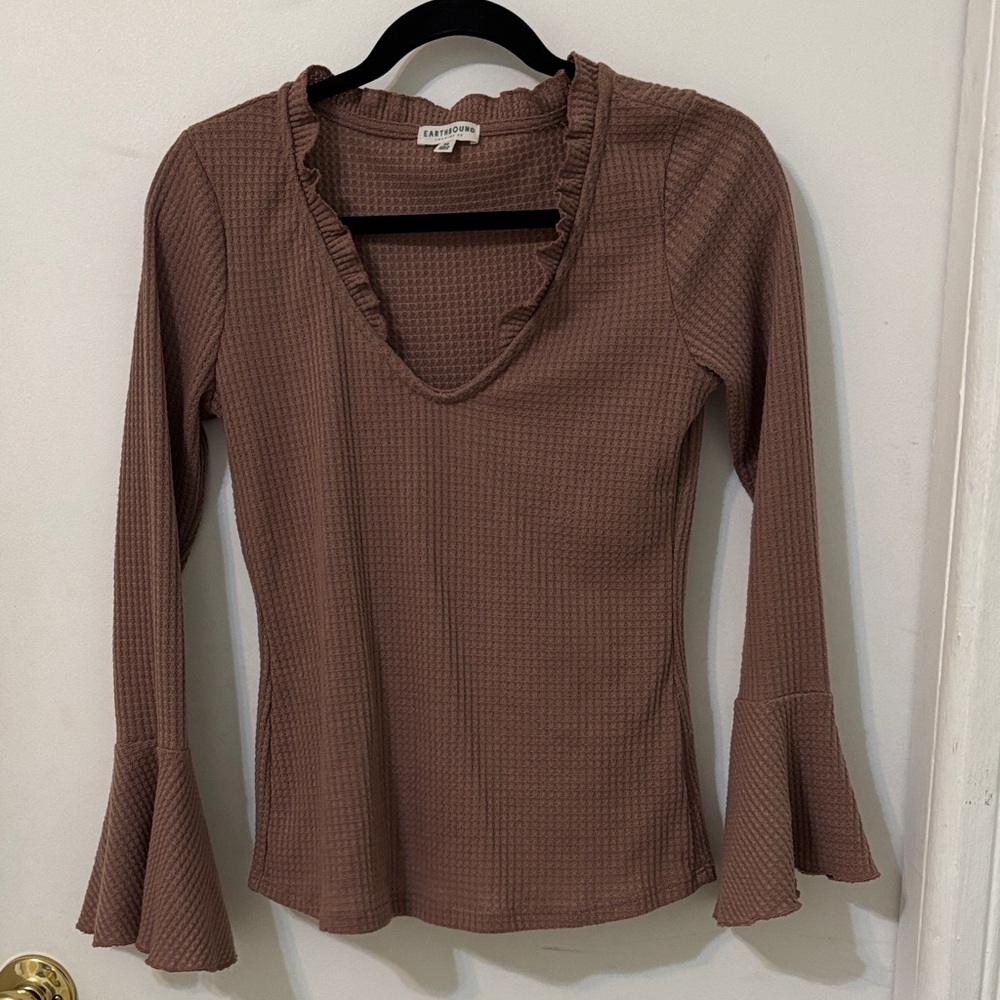 Earthbound Taupe Long Sleeve Ruffle Top